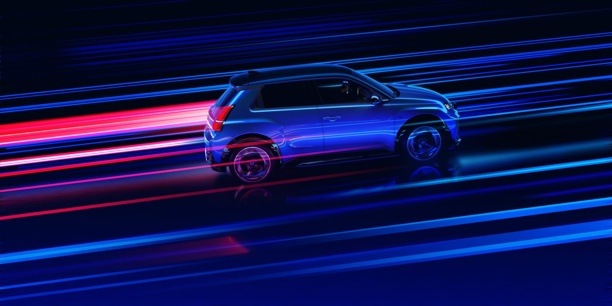 Alpine A290 in dynamischer Seitenansicht mit blauen Lichtspuren